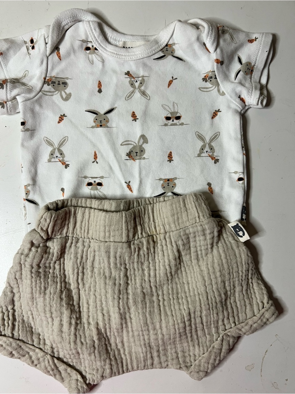 Rabbit & Bear Baby Bunny with Sunglasses Bodysuit with Khaki Bloomer Shorts 0-3M